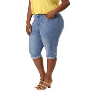 Plus Size Denim Capri for Women Mid-Rise Curvy Skinny Stretch Jean Light Blue